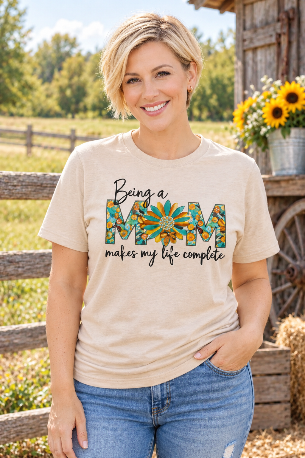 Being a Mom Makes My life Complete Sunflower T-Shirt
