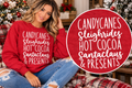 White-only Candy Canes and Sleighrides lettering on red Christmas sweatshirt, model with circular inset