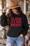 Approved black Go Jesus It's Your Birthday sweatshirt mockup with dark-haired woman in tan cowboy hat