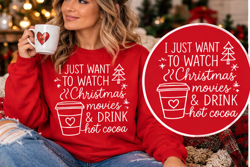 Christmas Movies & Hot Cocoa – Red Christmas Sweatshirt approved Christmas mockup with circular print detail