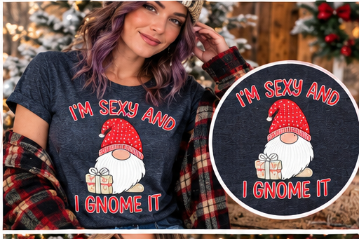 I'm Sexy and I Gnome It – Heather Navy Christmas Tee approved Christmas mockup with circular print detail