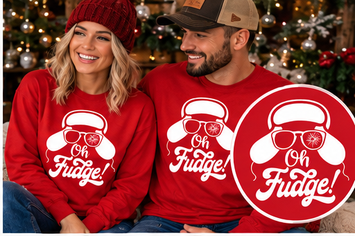Oh Fudge! – Red Christmas Long Sleeve Tee approved Christmas mockup with circular print detail