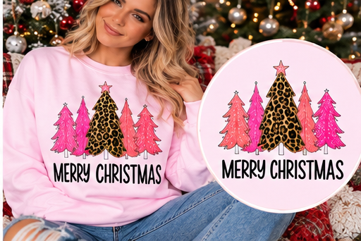 Merry Christmas – Pink Christmas Tree Sweatshirt approved Christmas mockup with circular print detail