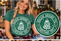 Rockin' Around the Christmas Tree – Heather Green Tee approved Christmas mockup with circular print detail