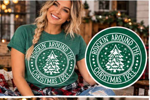 Rockin' Around the Christmas Tree – Heather Green Tee approved Christmas mockup with circular print detail