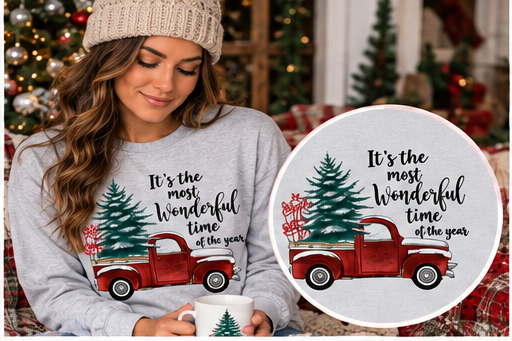 It's the Most Wonderful Time of the Year – Heather Gray Long Sleeve Tee approved Christmas mockup with circular print detail