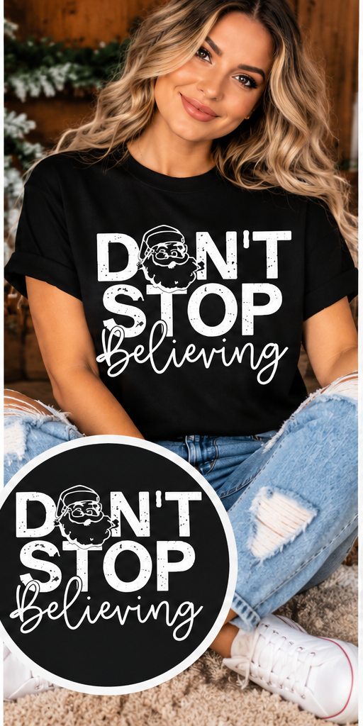 Don't Stop Believing – Black Christmas T-Shirt approved model mockup with circular design inset