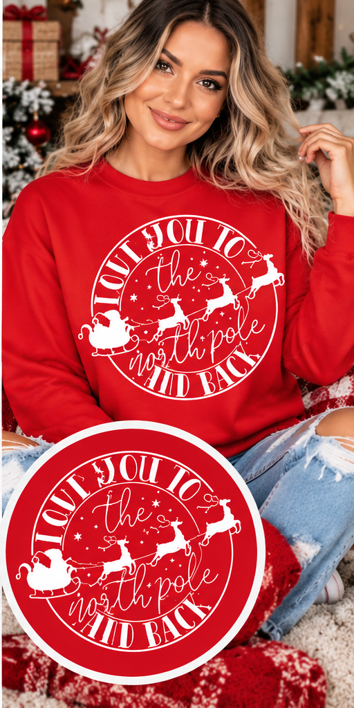 Love You to the North Pole and Back – Red Christmas Sweatshirt approved model mockup with circular design inset